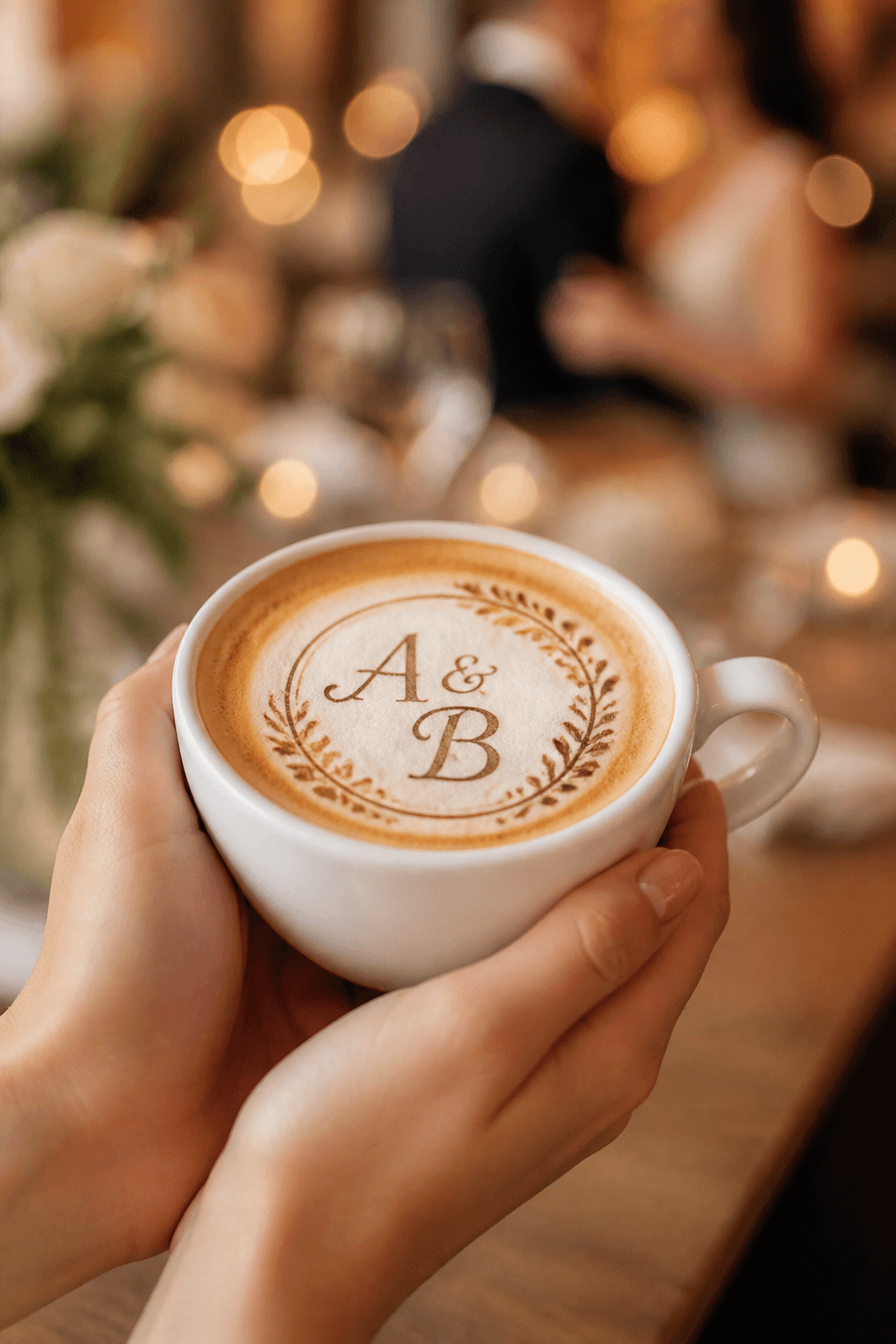 Wedding monogram printed on a cappuccino at an event